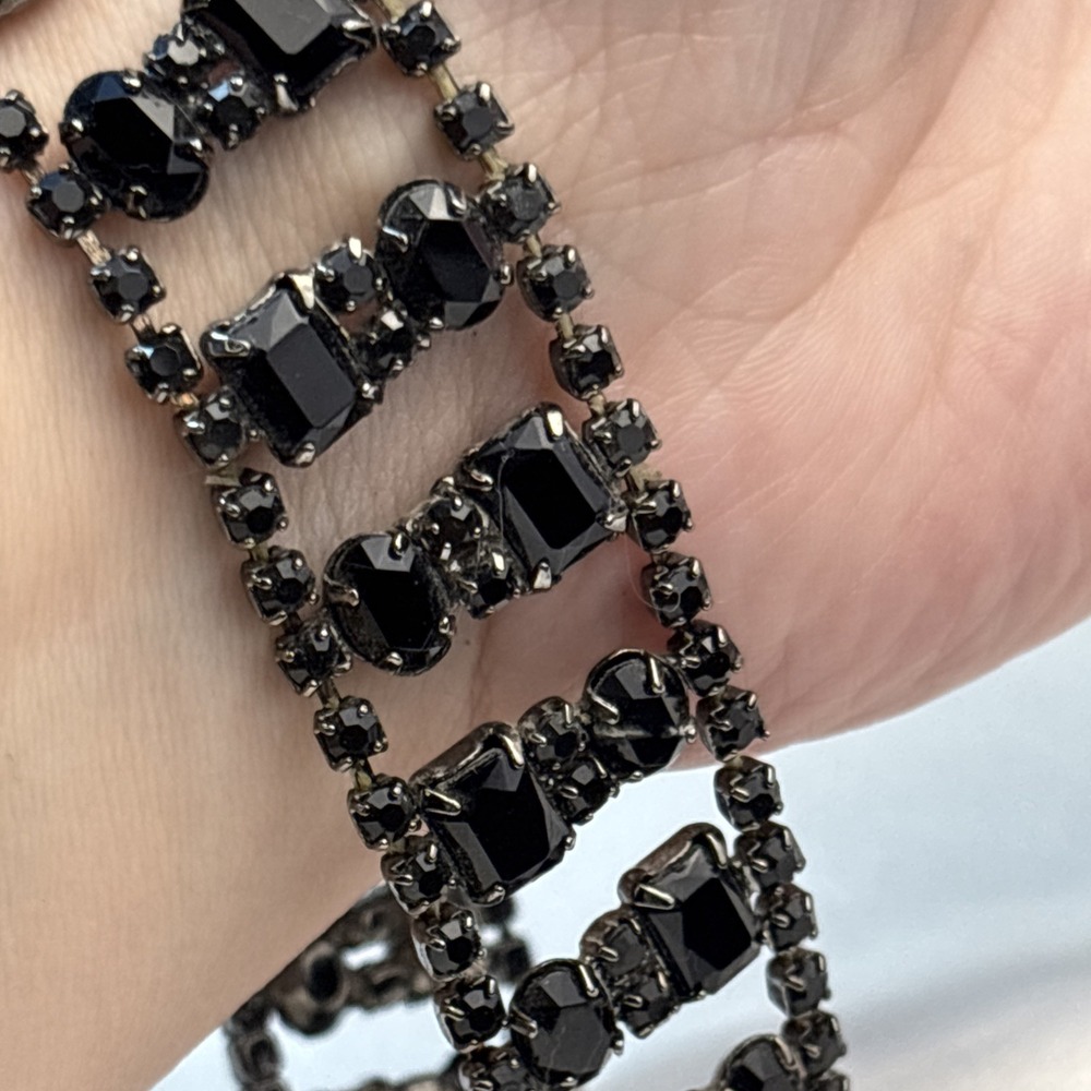 Vintage Glass Bead Bracelet Wide Victorian Regency Style Estate Silver Tone